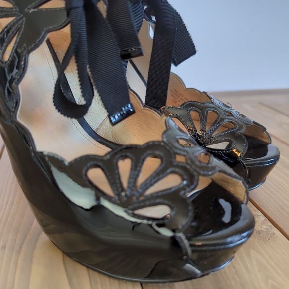 Black Patent Leather Tear Drop Scalloped Edge Open Toe Heels - Picture 6 of 12